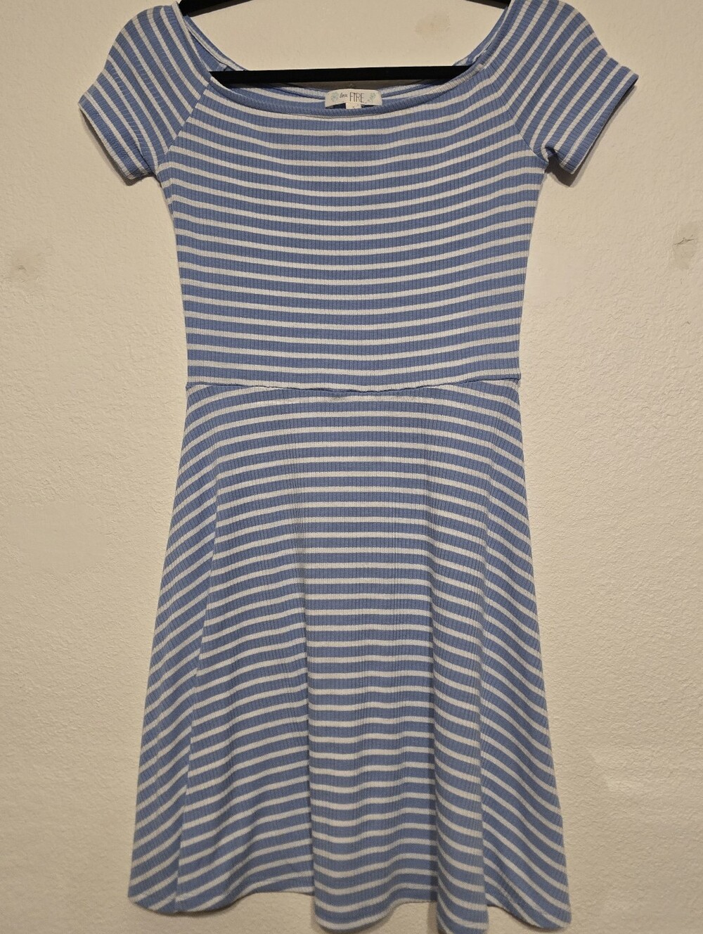 Love, Fire Blue White Striped Off The Shoulder Ribbed Mini Flare Dress Size S - Picture 3 of 6